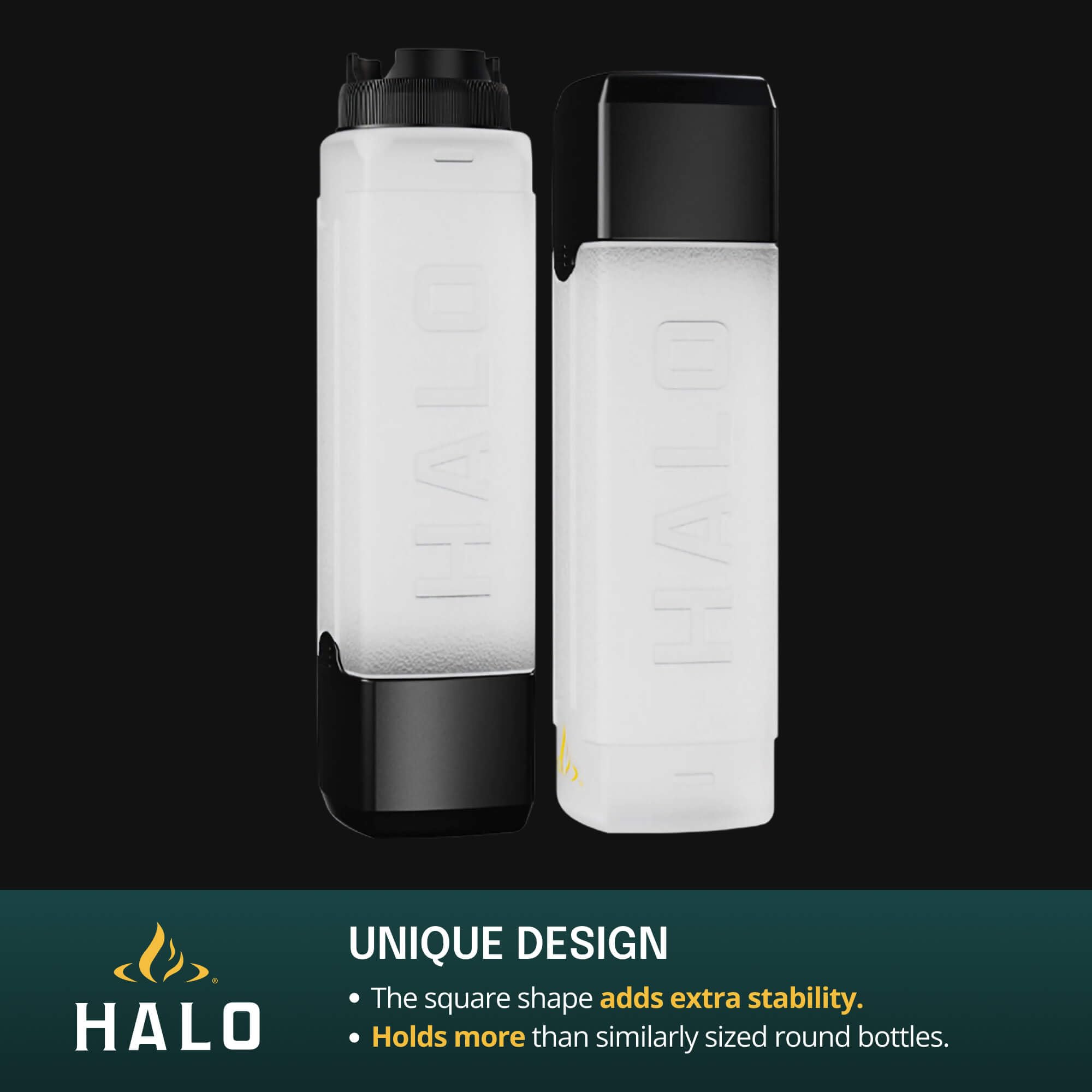 Halo Squeeze Bottles show secure lid attachment for easy storage.