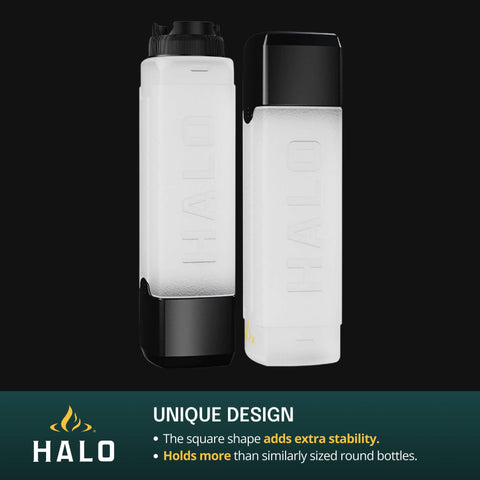 Halo Squeeze Bottles show secure lid attachment for easy storage.