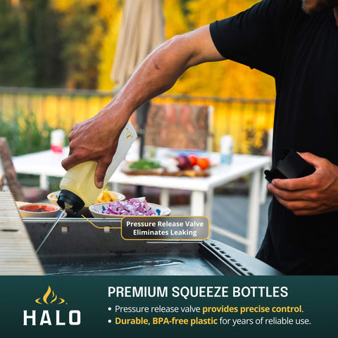 Halo Squeeze Bottles with leak-proof lid prevent drips during sauces and syrups.