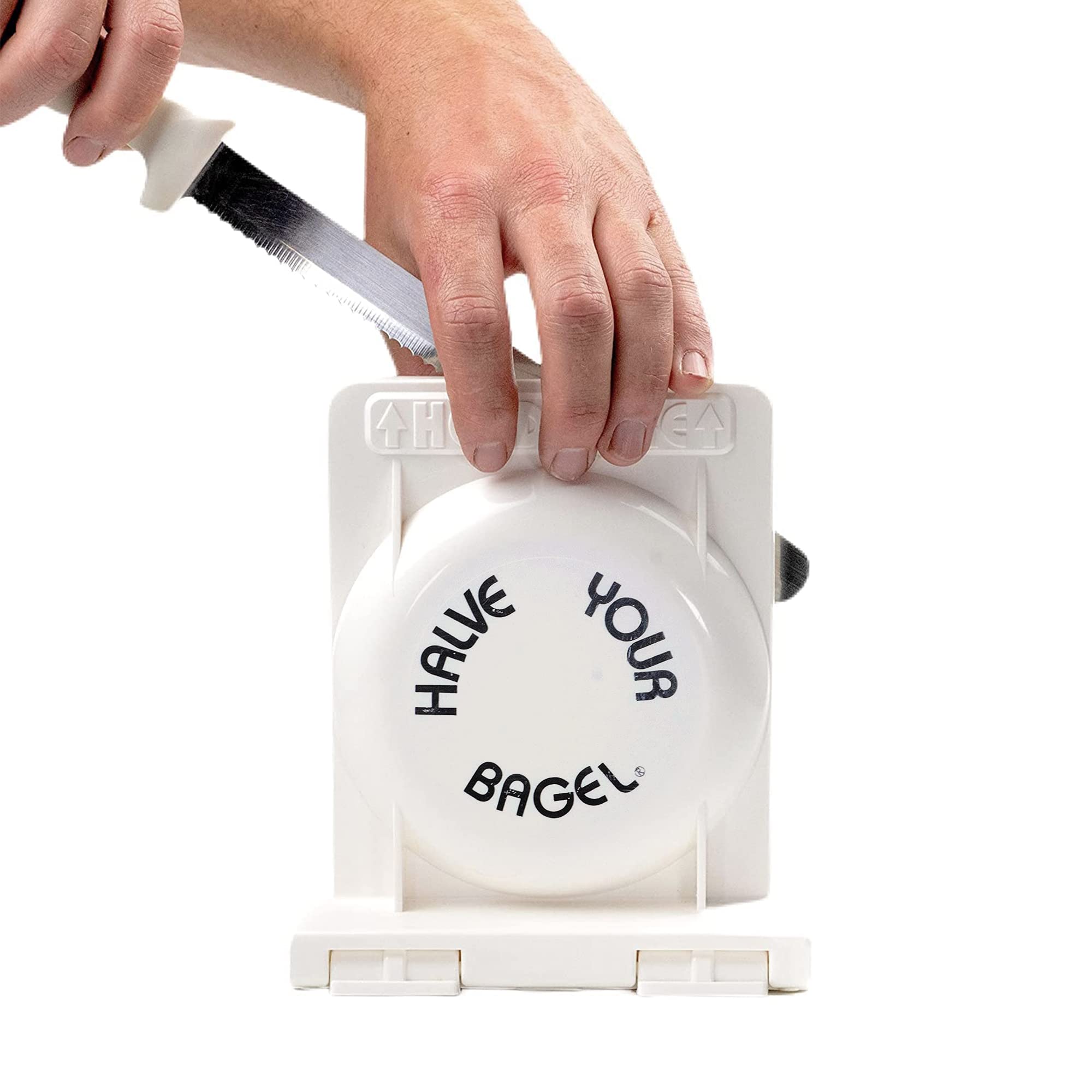 Halve Your Bagel bagel slicer with knife delivers even cuts on all bagel sizes.
