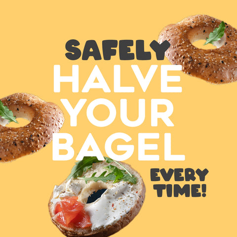 Halve Your Bagel safety shields protect fingers during slicing.
