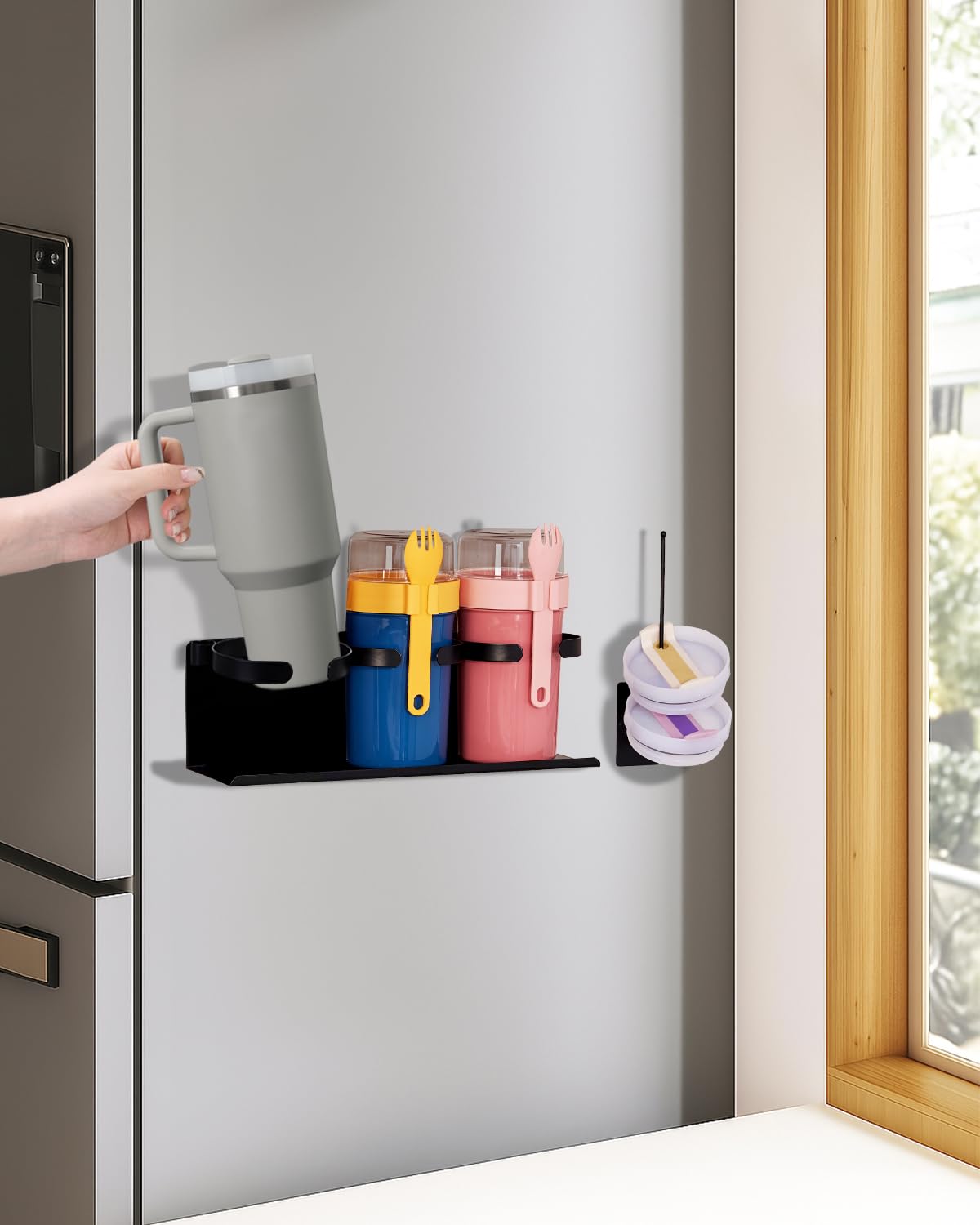 HAMARA magnetic Stanley cup holder on fridge keeps cups secure and accessible