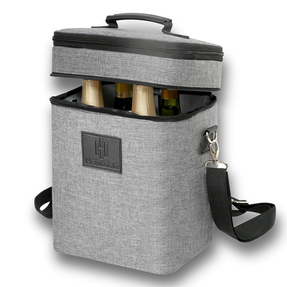 HAMILO 4-bottle wine carrier gray front view showing spacious bottle compartments for bottles