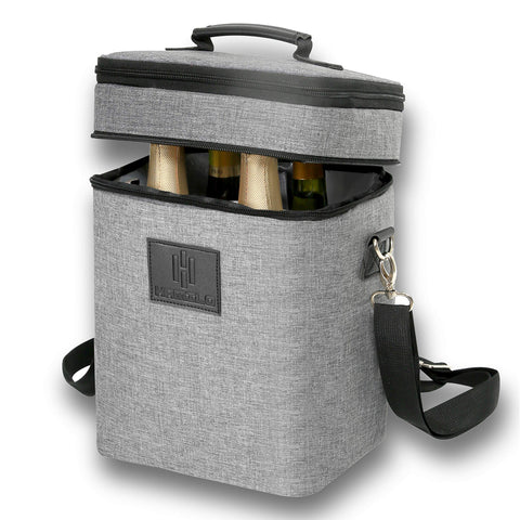 HAMILO 4-bottle wine carrier gray front view showing spacious bottle compartments for bottles