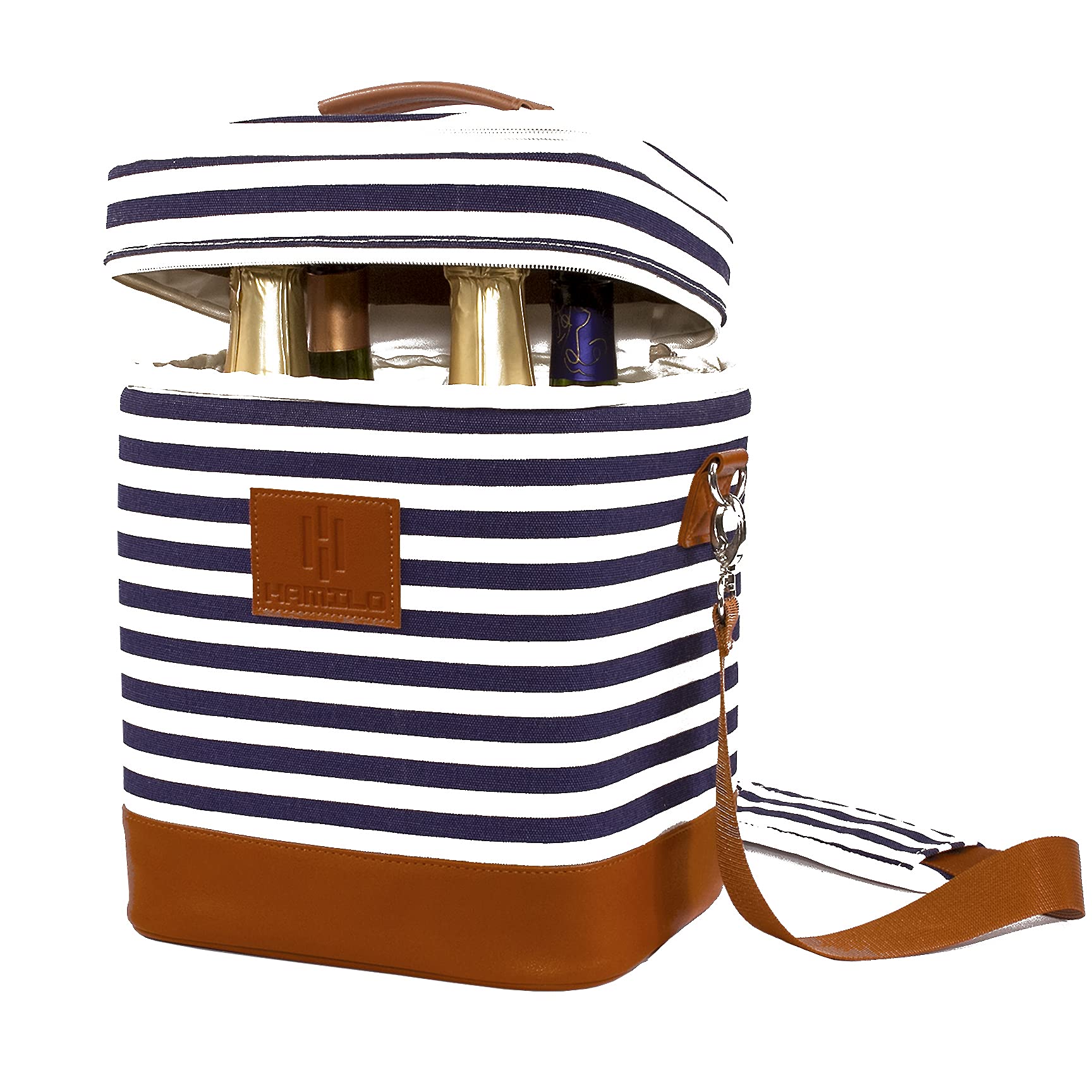 HAMILO 4-bottle wine carrier stripe pattern keeps four bottles secure during travel.