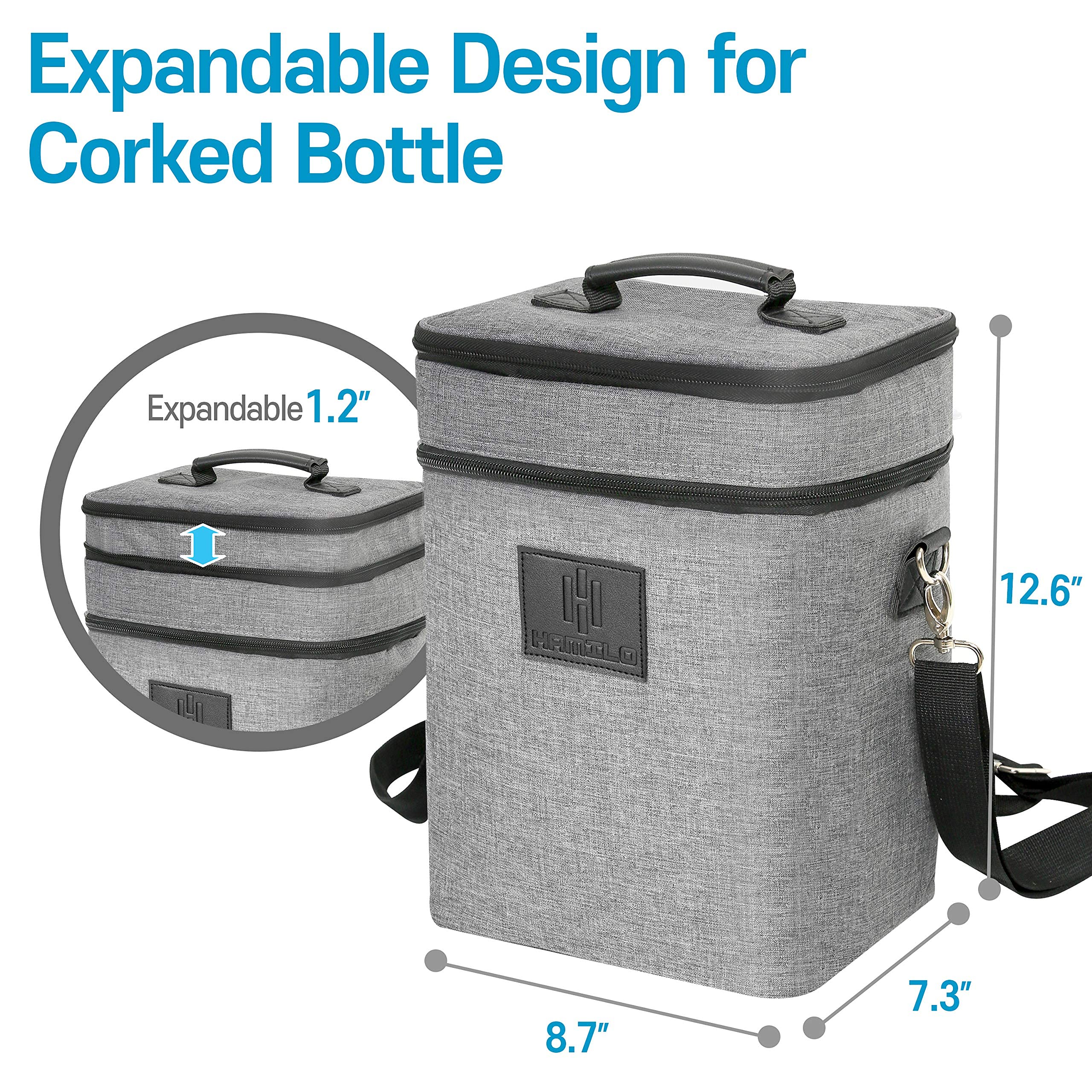 HAMILO expandable zipper demonstrates easy storage for opened bottles with corks