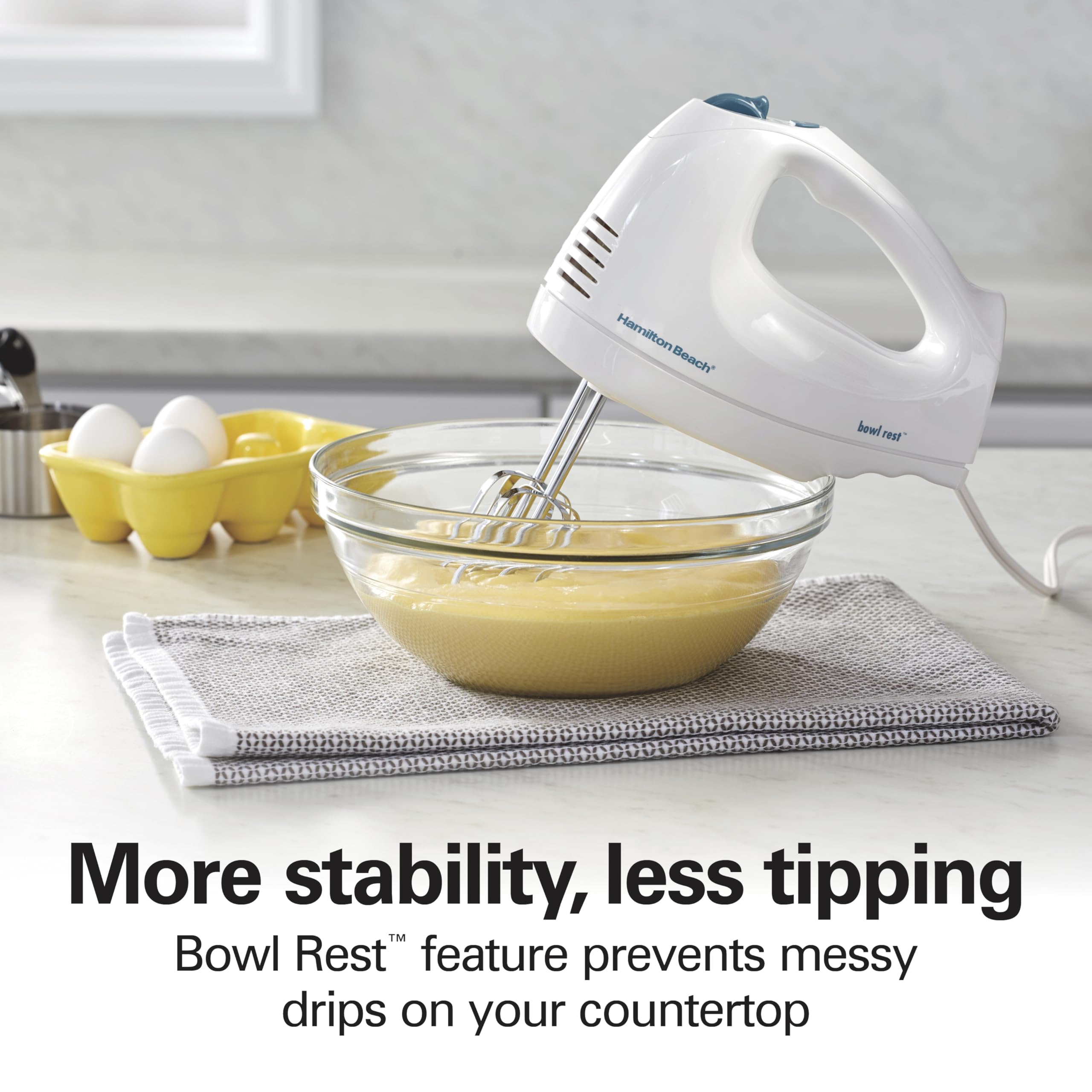 Powerful 250-watt motor handles batter, dough, and whipped cream preparations.