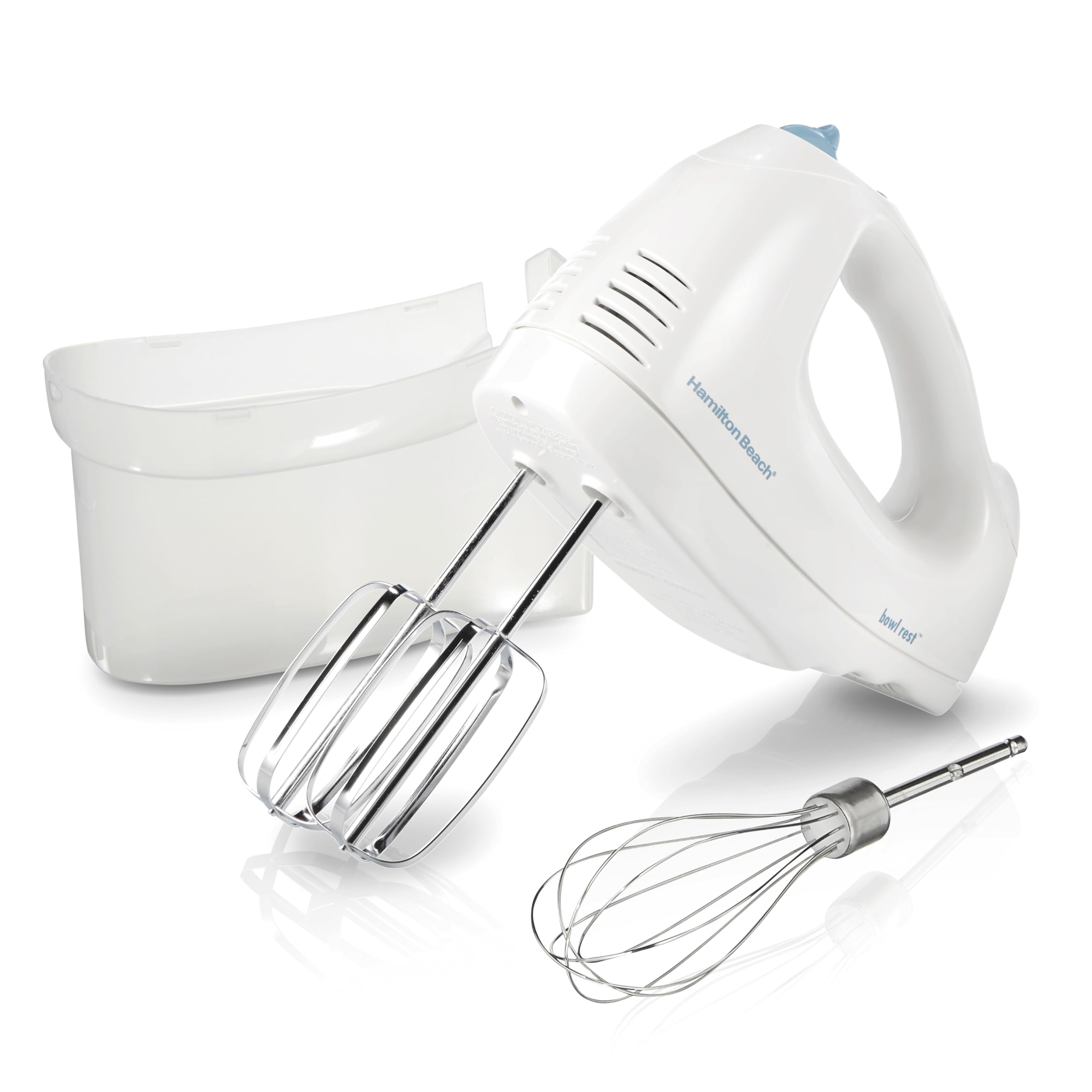 Hamilton Beach 6-speed hand mixer in white with attachments for versatile baking tasks.