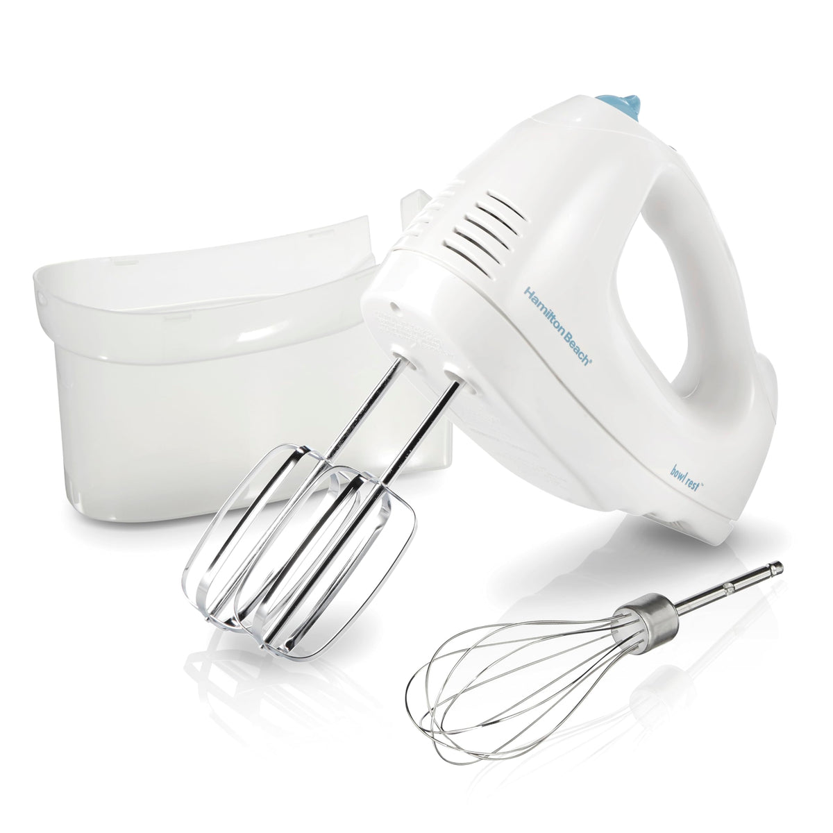 Hamilton Beach 6-speed hand mixer in white with attachments for versatile baking tasks.