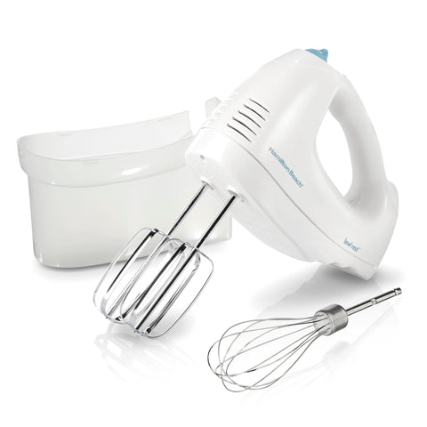 Hamilton Beach 6-speed hand mixer in white with attachments for versatile baking tasks.