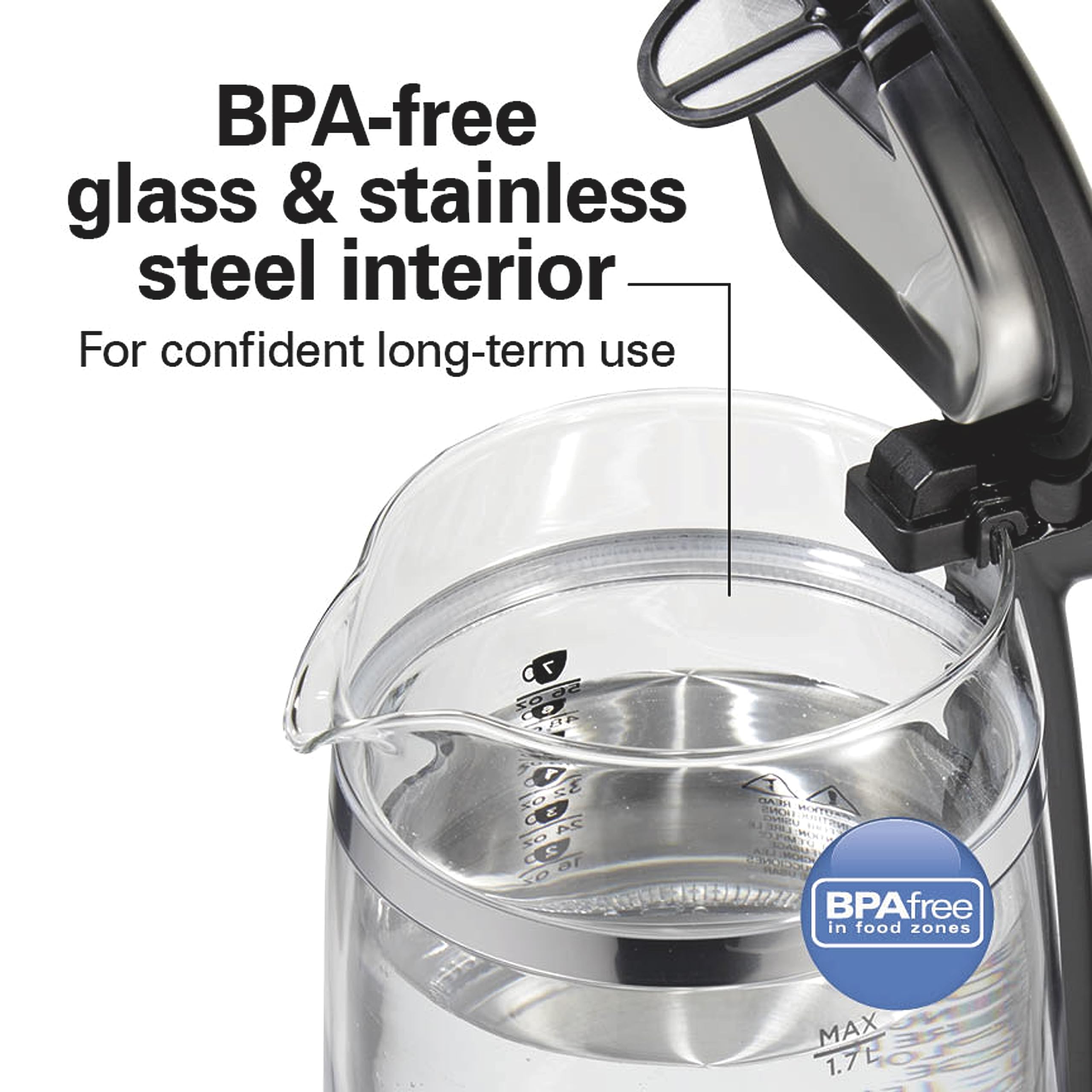Hamilton Beach BPA-free glass interior ensures pure-tasting hot water.