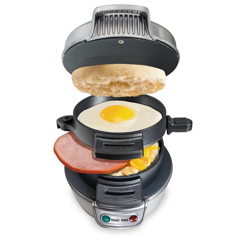 Hamilton Beach breakfast sandwich maker base with ingredients ready for quick weeknight breakfasts.