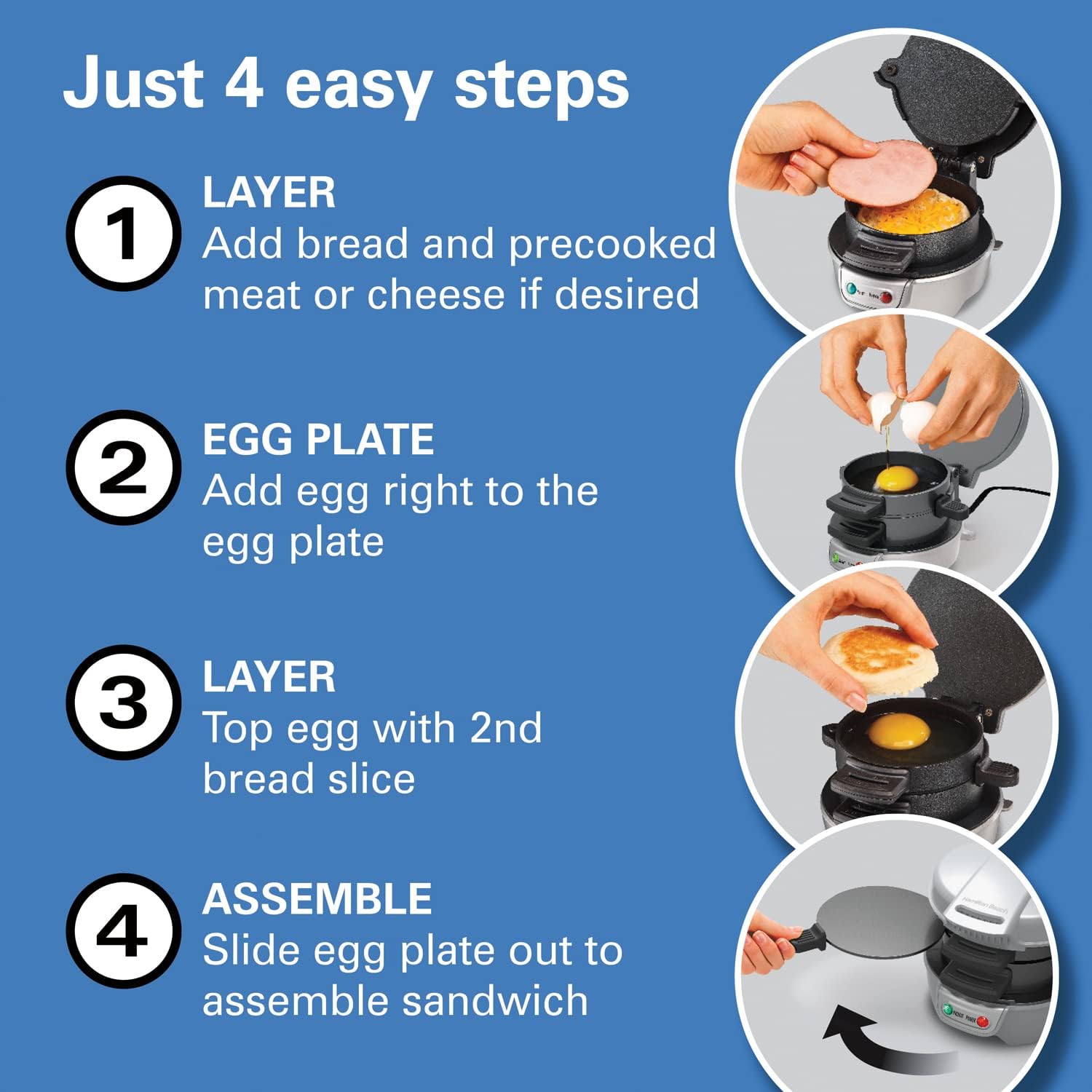 Hamilton Beach ring-based egg layer demonstrates multi-layer cooking for a complete sandwich.