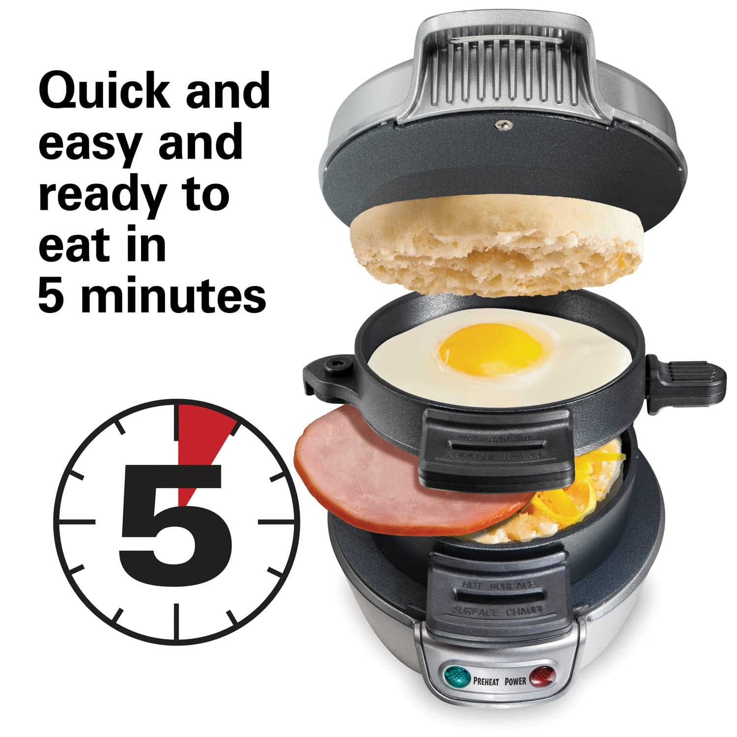 Hamilton Beach egg cooker plate shown in action for perfectly cooked eggs inside a sandwich.