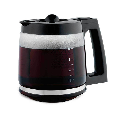 Hamilton Beach 12-cup carafe with black handle for easy pouring.