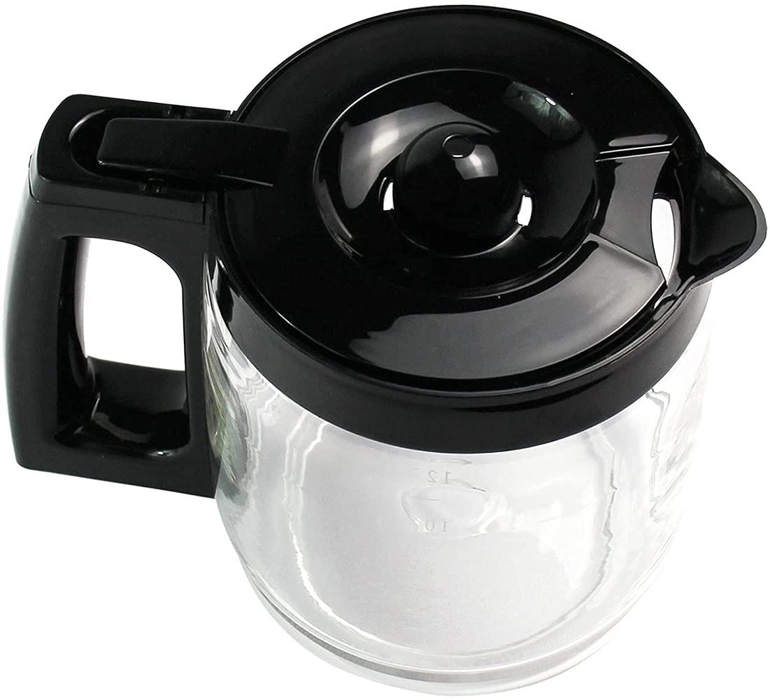 Closeup of Hamilton Beach carafe's black handle and lid for a secure seal.