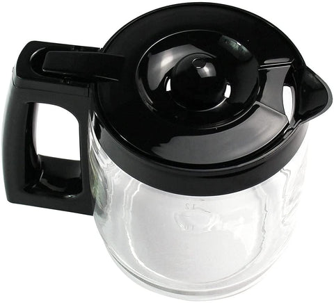 Closeup of Hamilton Beach carafe's black handle and lid for a secure seal.