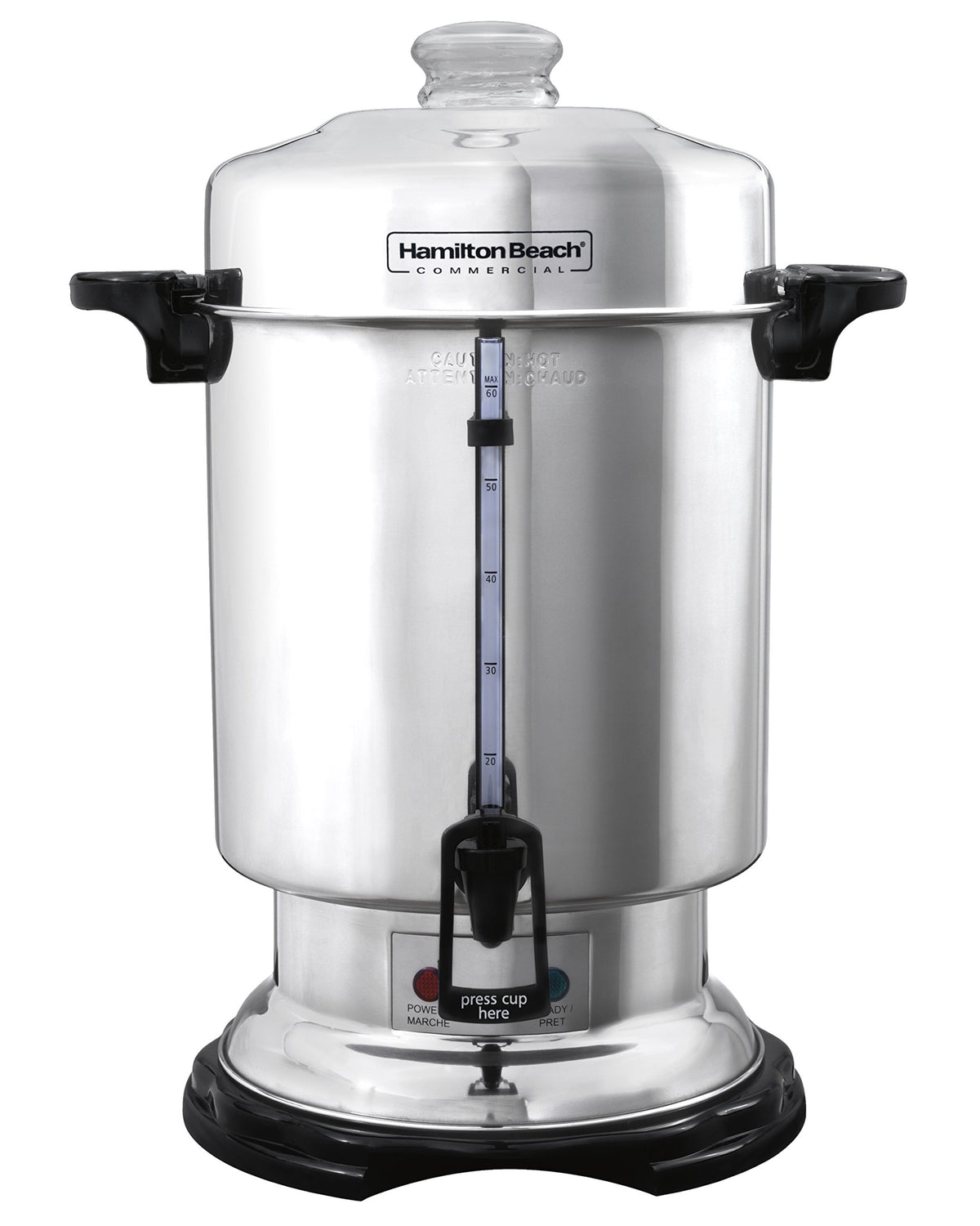 Hamilton Beach 60-cup urn in polished stainless steel exterior.