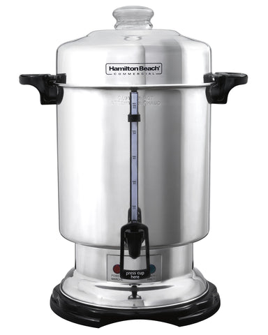 Hamilton Beach 60-cup urn in polished stainless steel exterior.