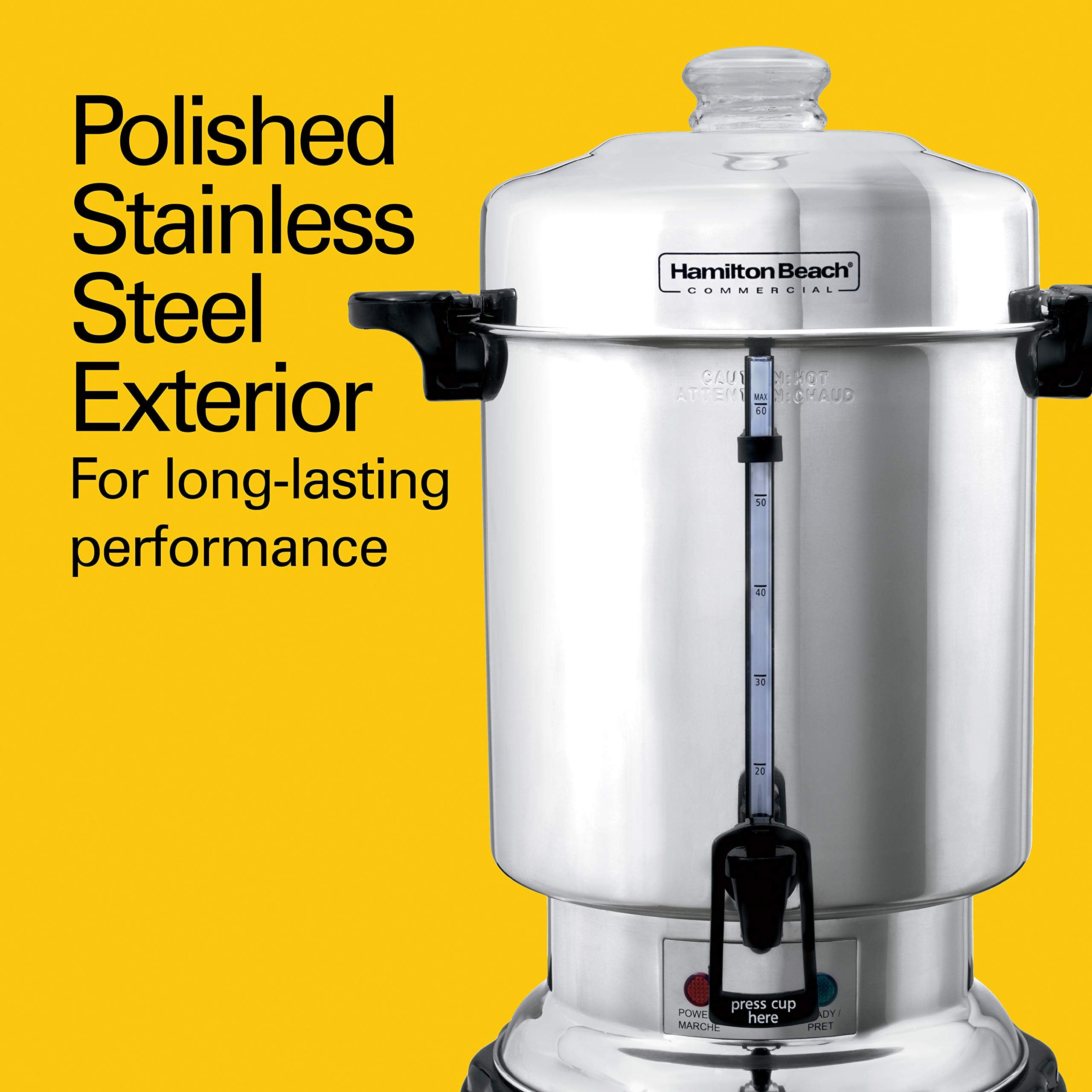 Hamilton Beach coffee urn with keep-warm heater for steady warmth.