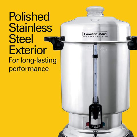 Hamilton Beach coffee urn with keep-warm heater for steady warmth.
