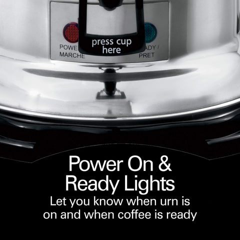 Hamilton Beach urn with power and ready lights for status at a glance.