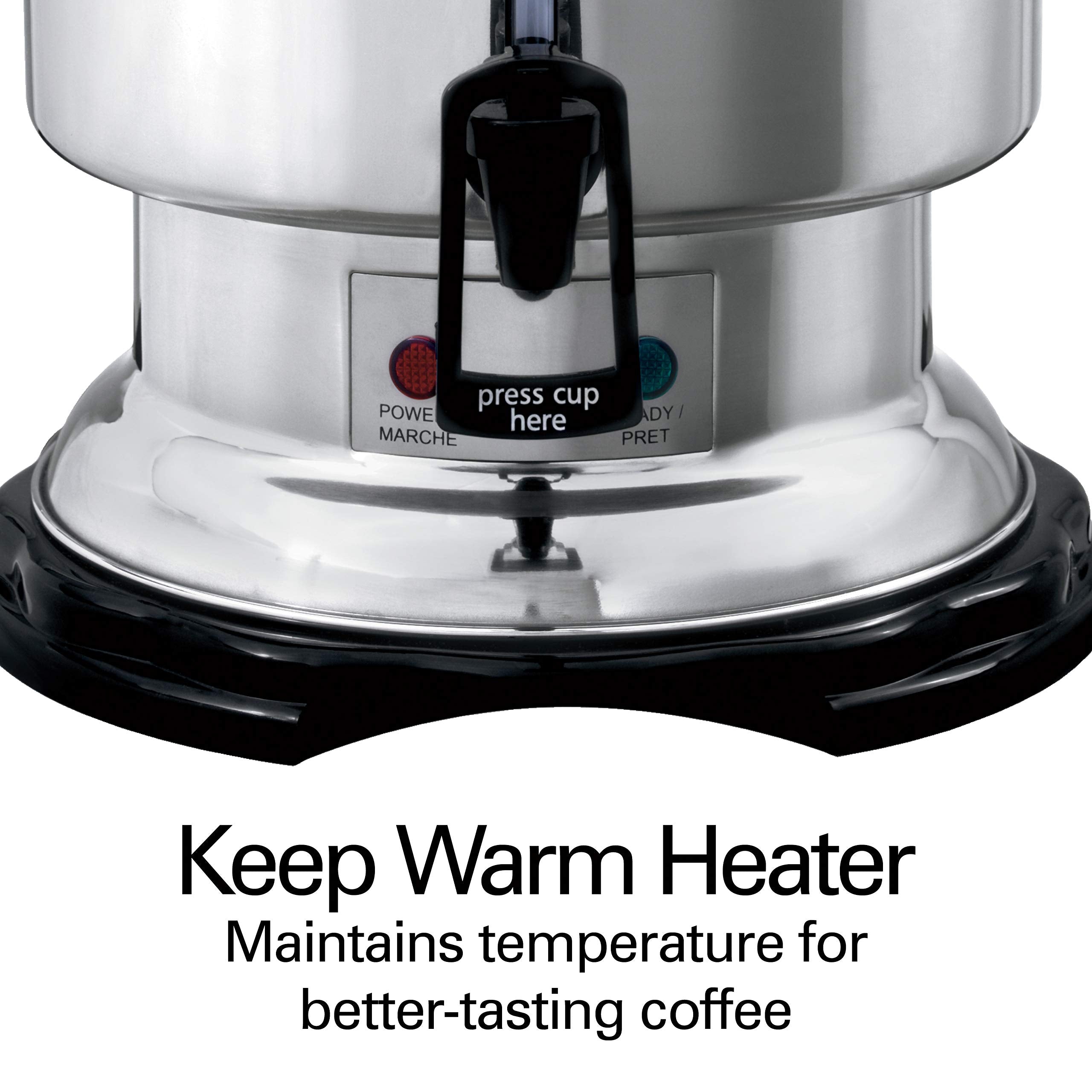 Hamilton Beach urn features a water-coffee window for quick filling.