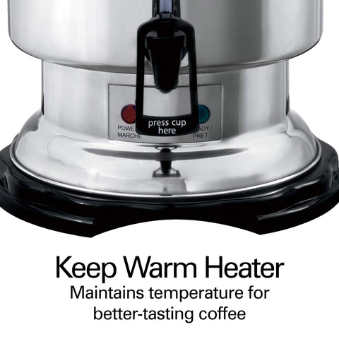Hamilton Beach urn features a water-coffee window for quick filling.