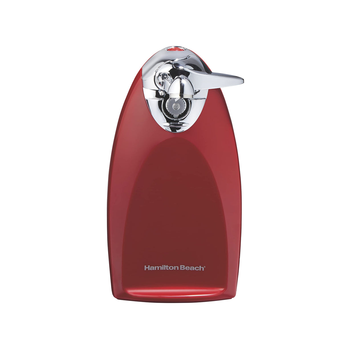 Hamilton Beach electric can opener front view in red for easy kitchen use