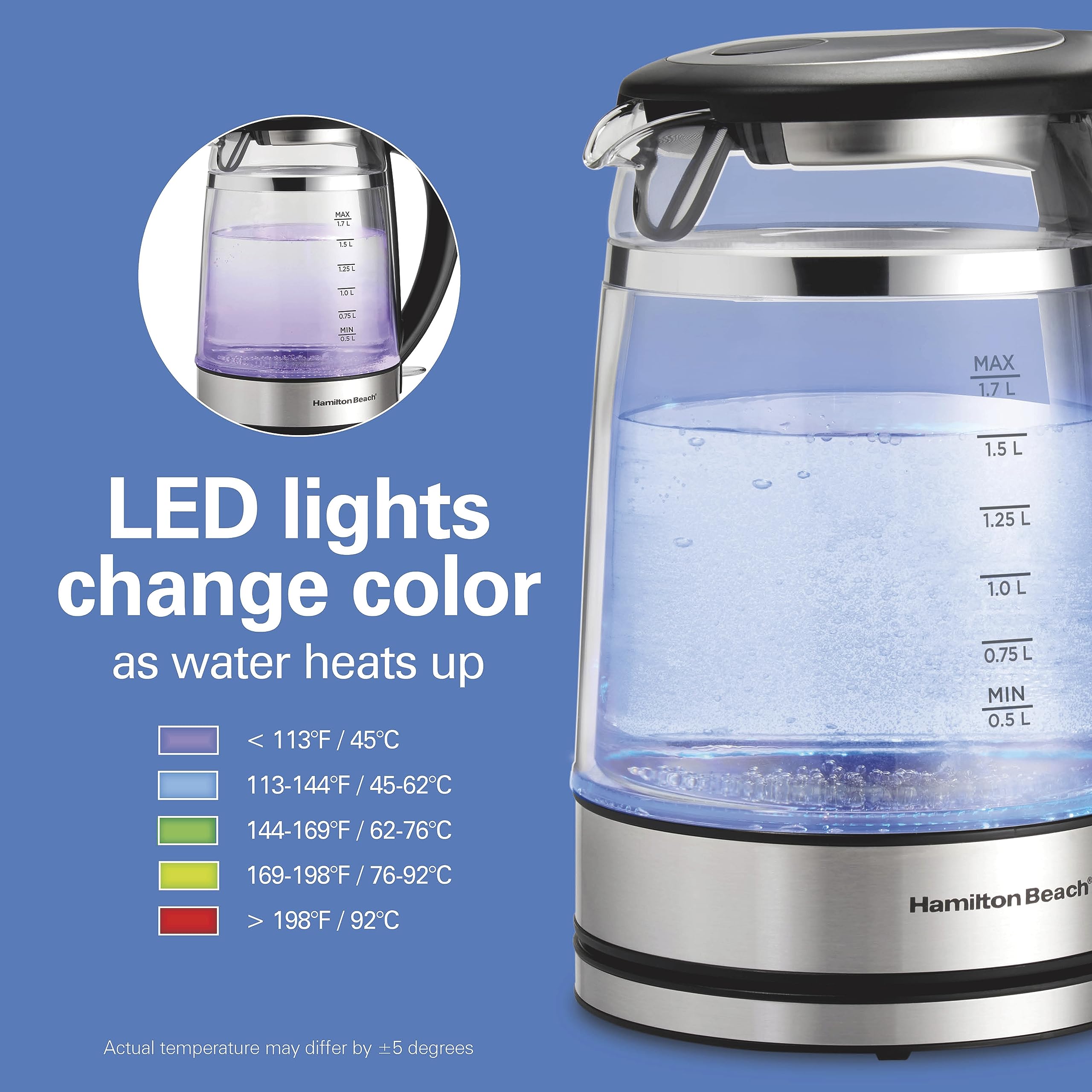 Hamilton Beach kettle LED color indicator shows temperature progress.