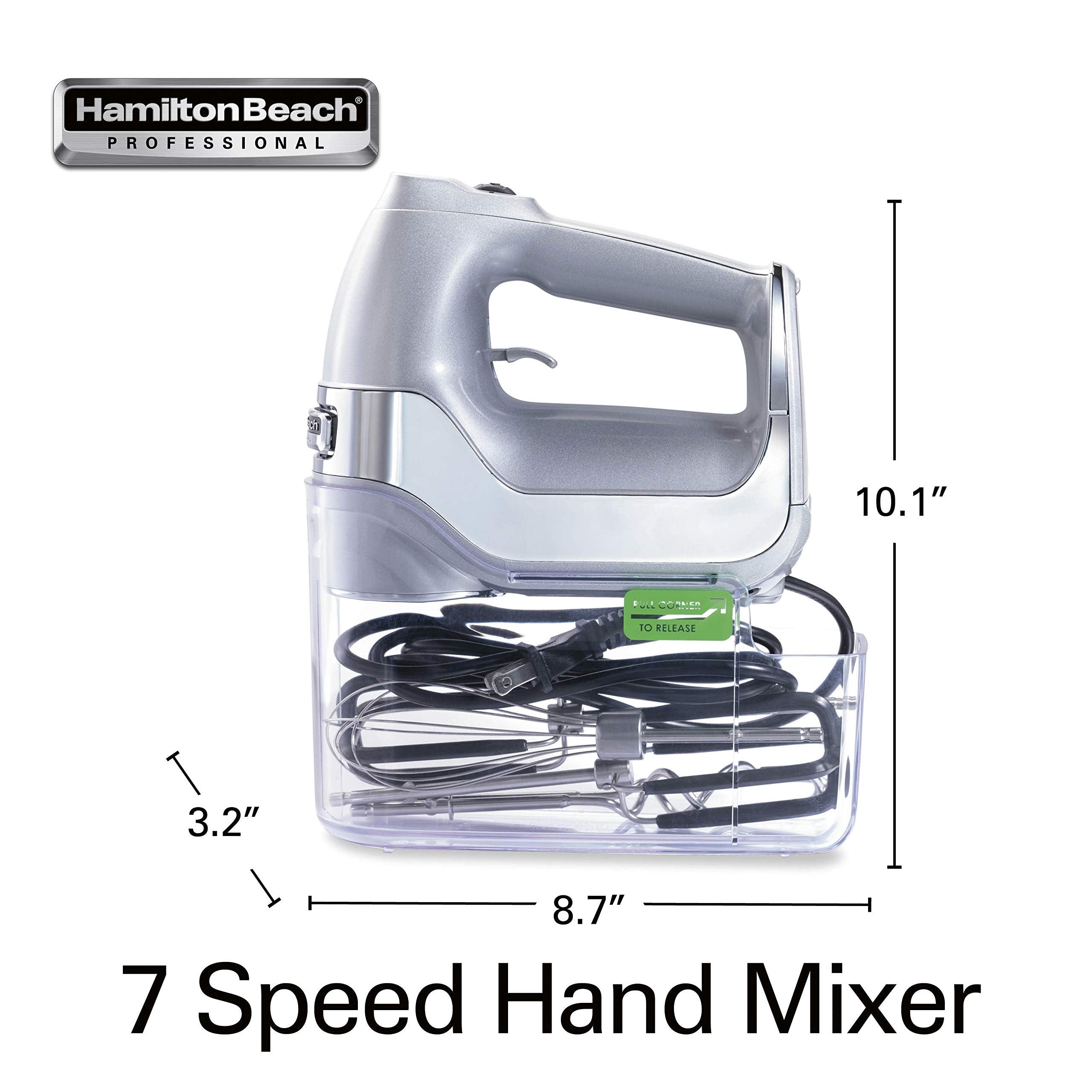 Hamilton Beach Professional hand mixer in use at multiple speeds.
