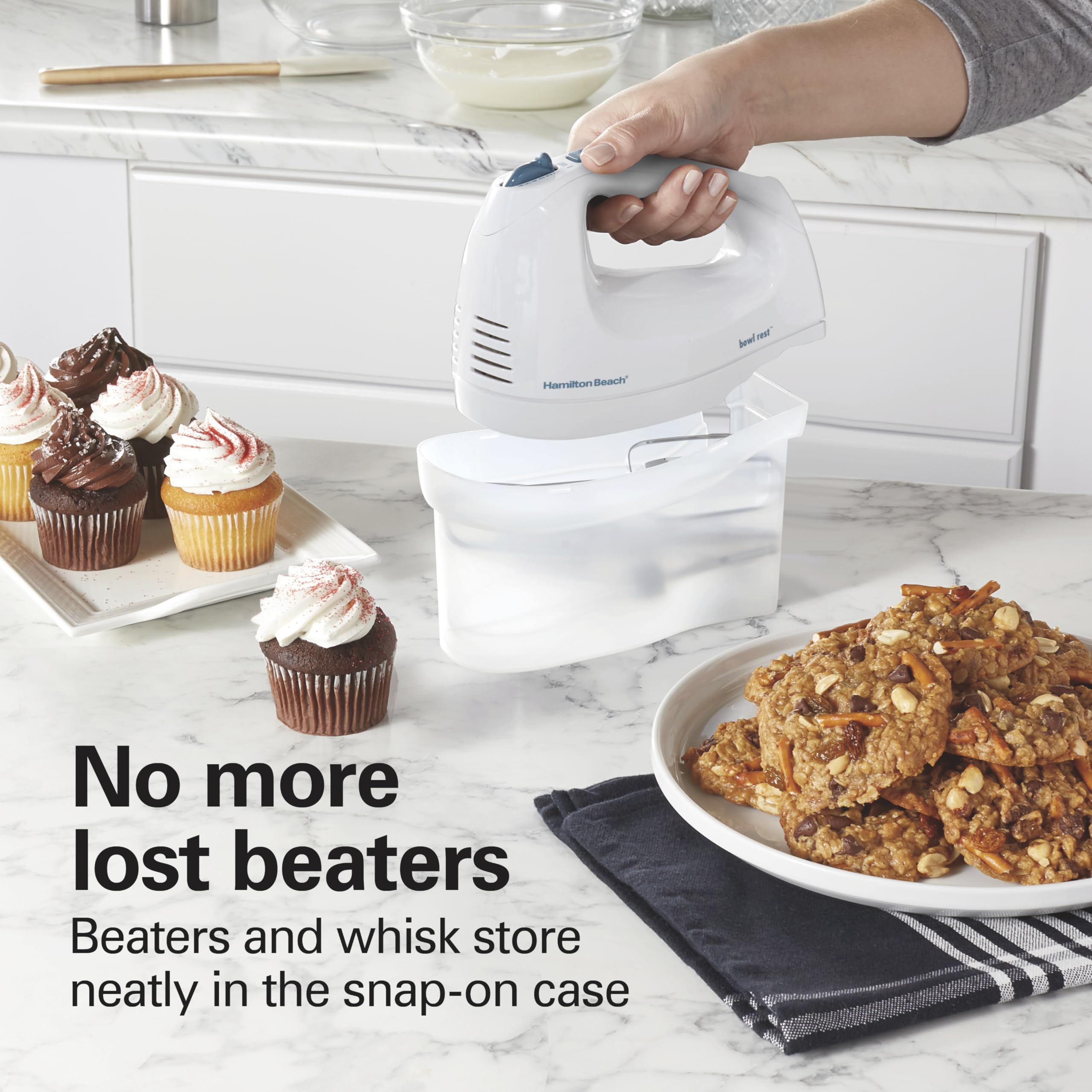 Traditional beaters and whisk included with Hamilton Beach mixer for thorough mixing.