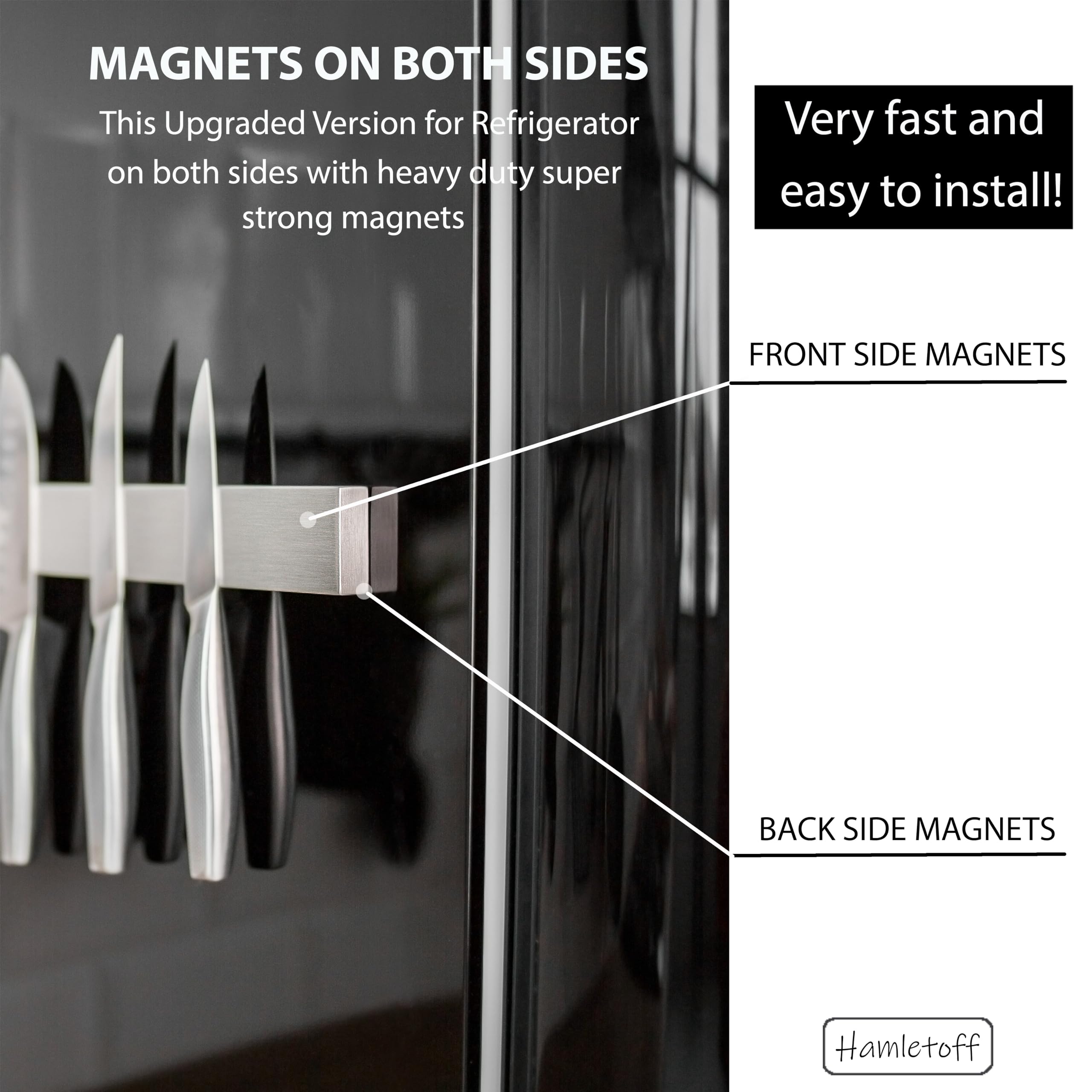 Hamletoff double-sided magnetic knife holder securely grips even heavy blades.