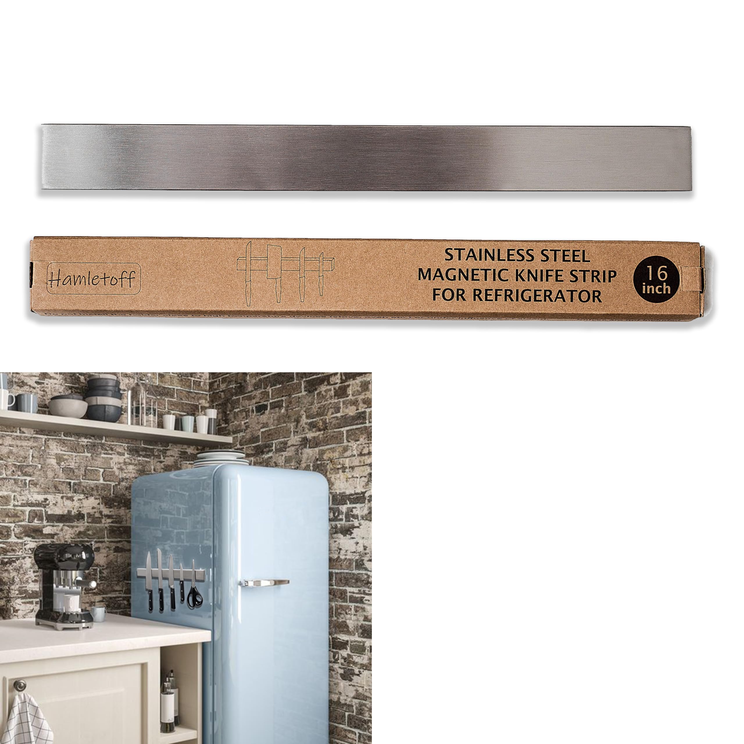 Hamletoff 16-inch fridge magnetic knife strip on fridge door keeps knives within easy reach.