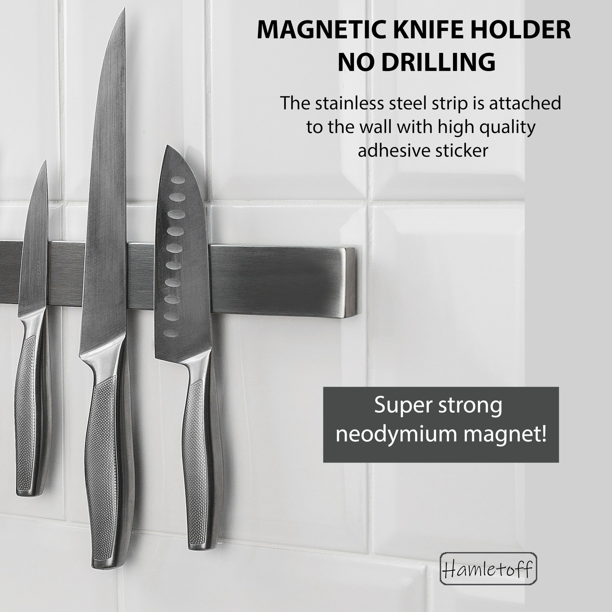 Stainless steel bar with neodymium magnets holds kitchen knives securely