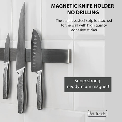 Stainless steel bar with neodymium magnets holds kitchen knives securely