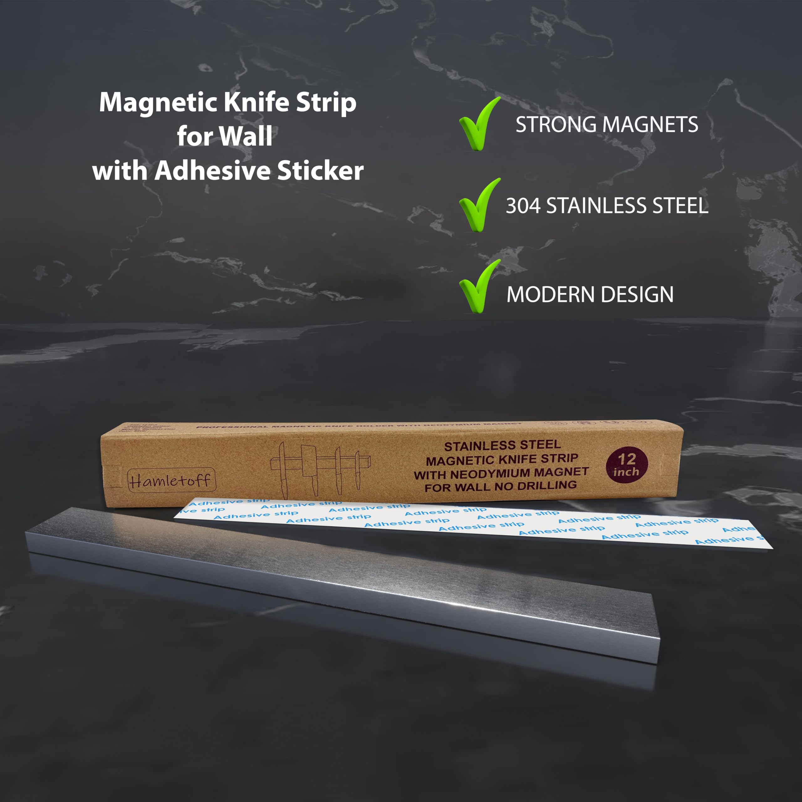 Hamletoff no-drill wall mount knife strip installs easily on clean surfaces.