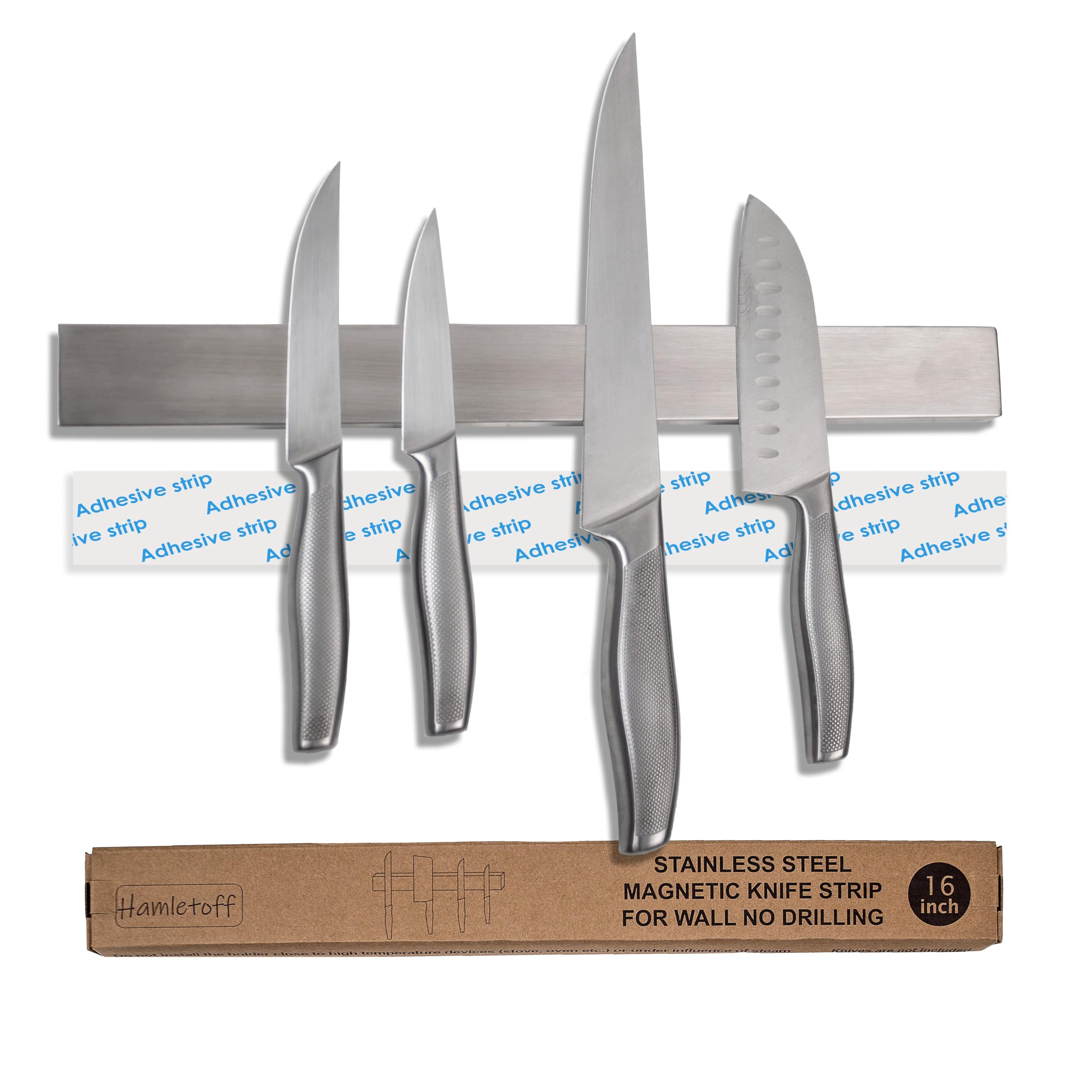 Hamletoff premium magnetic knife strip mounted on wall, saving counter space.