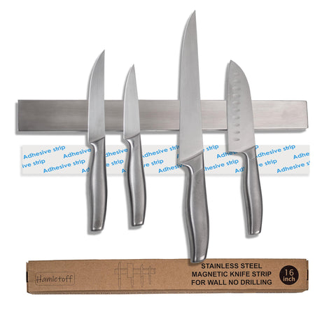 Hamletoff premium magnetic knife strip mounted on wall, saving counter space.