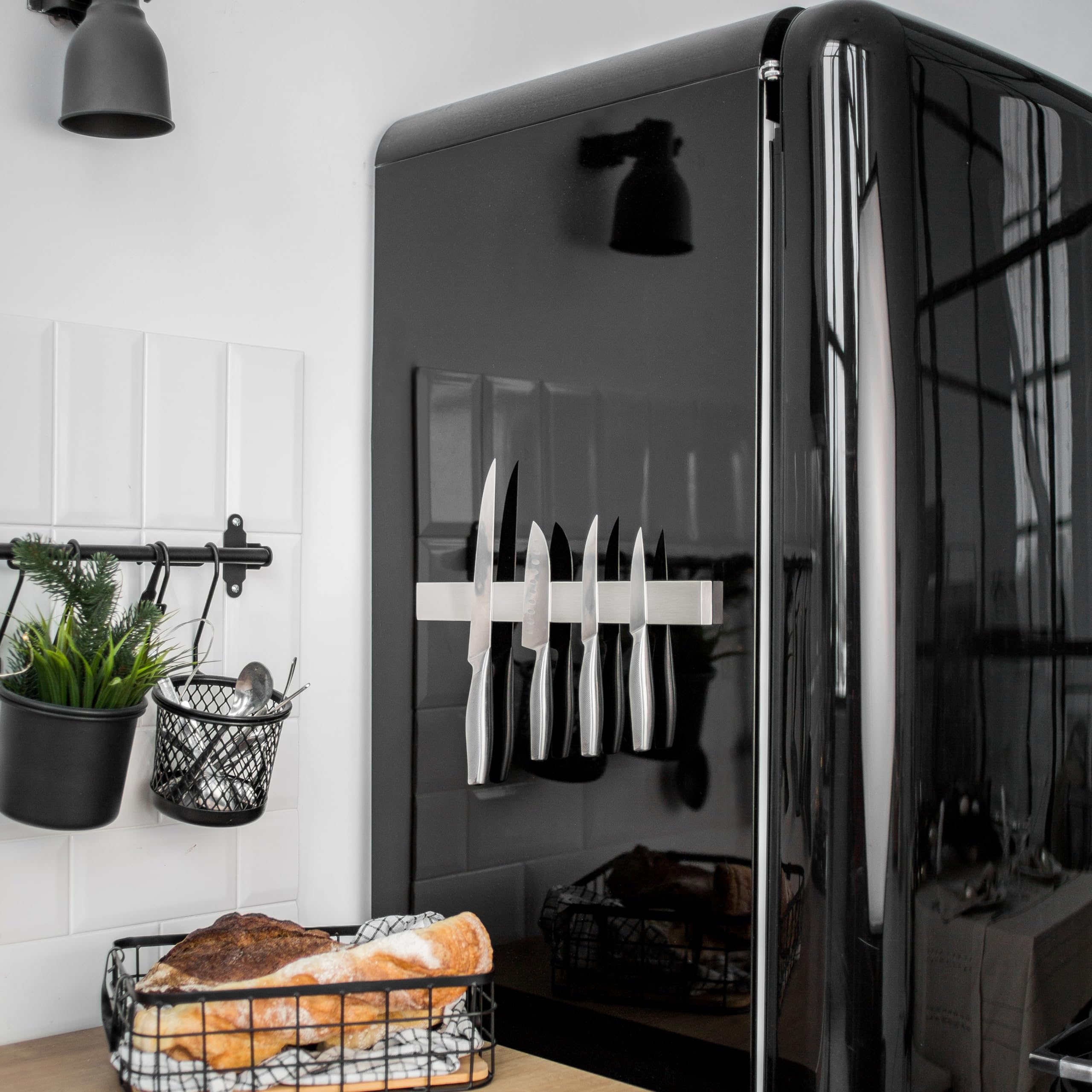 Hamletoff stainless steel knife strip adds modern kitchen style.