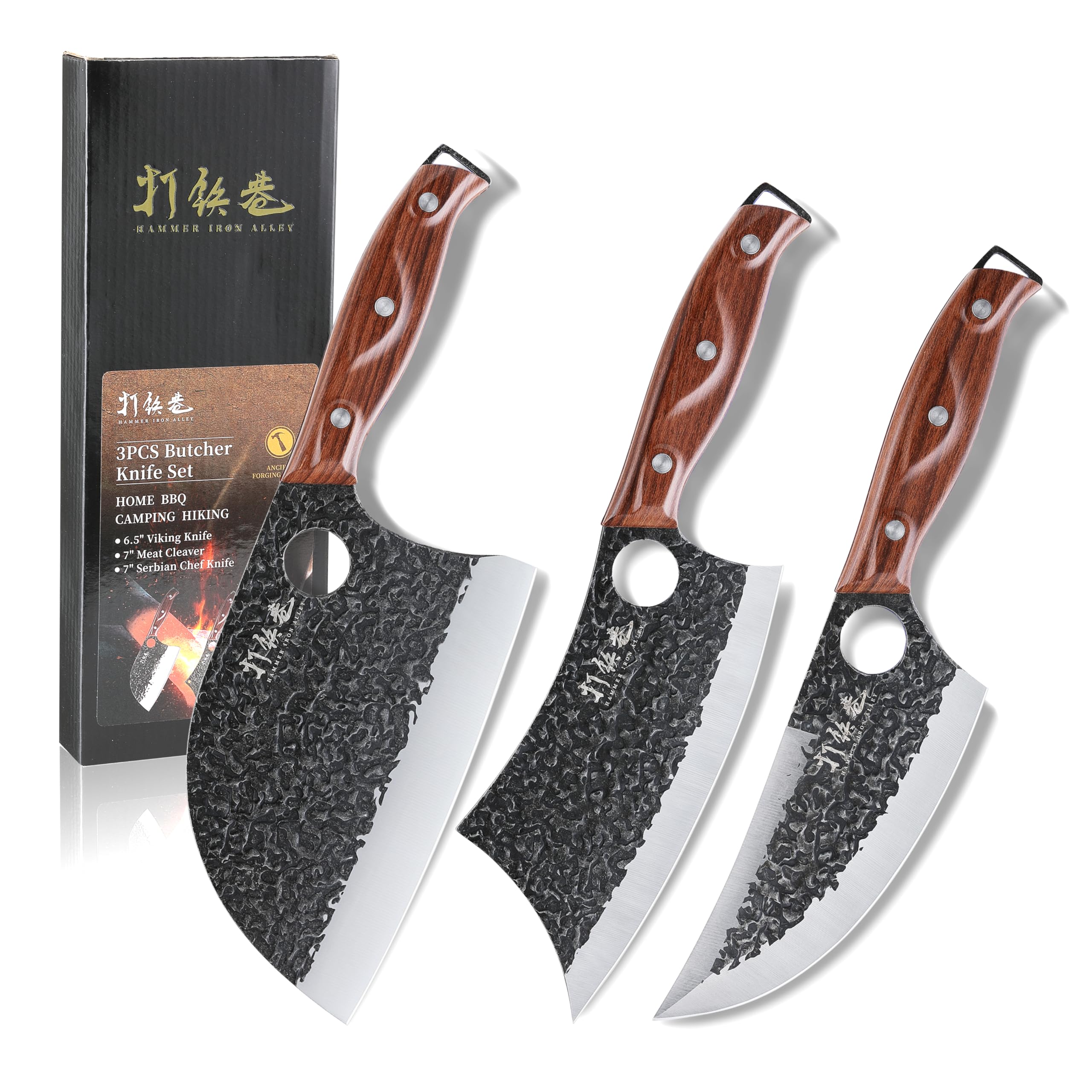 Hammer Iron Alley 3-piece knife set displayed on board for versatile home cooking.