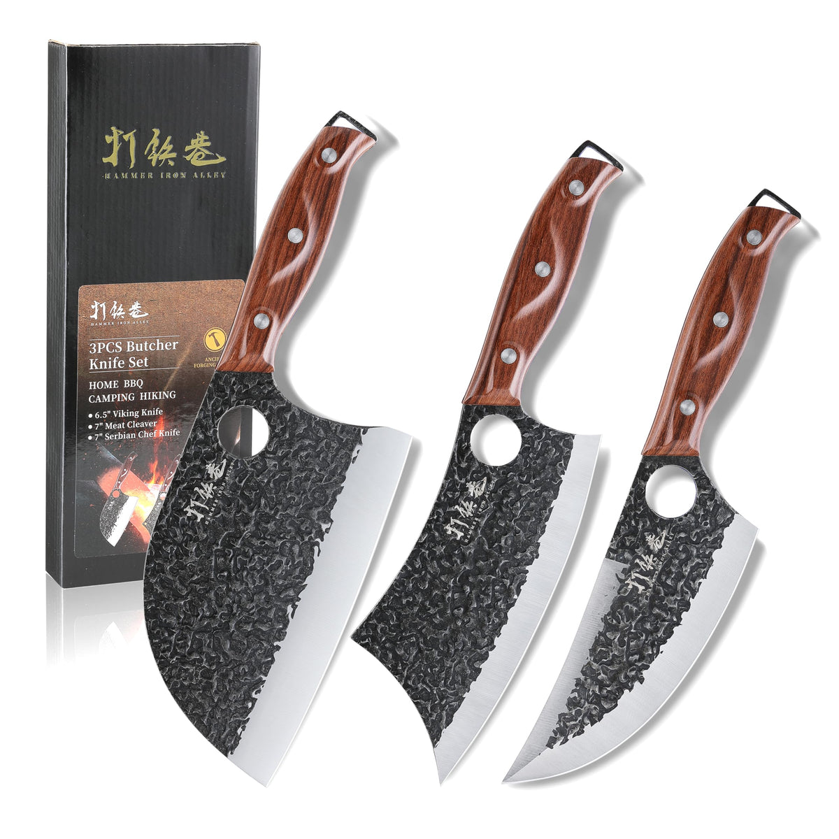 Hammer Iron Alley 3-piece knife set displayed on board for versatile home cooking.