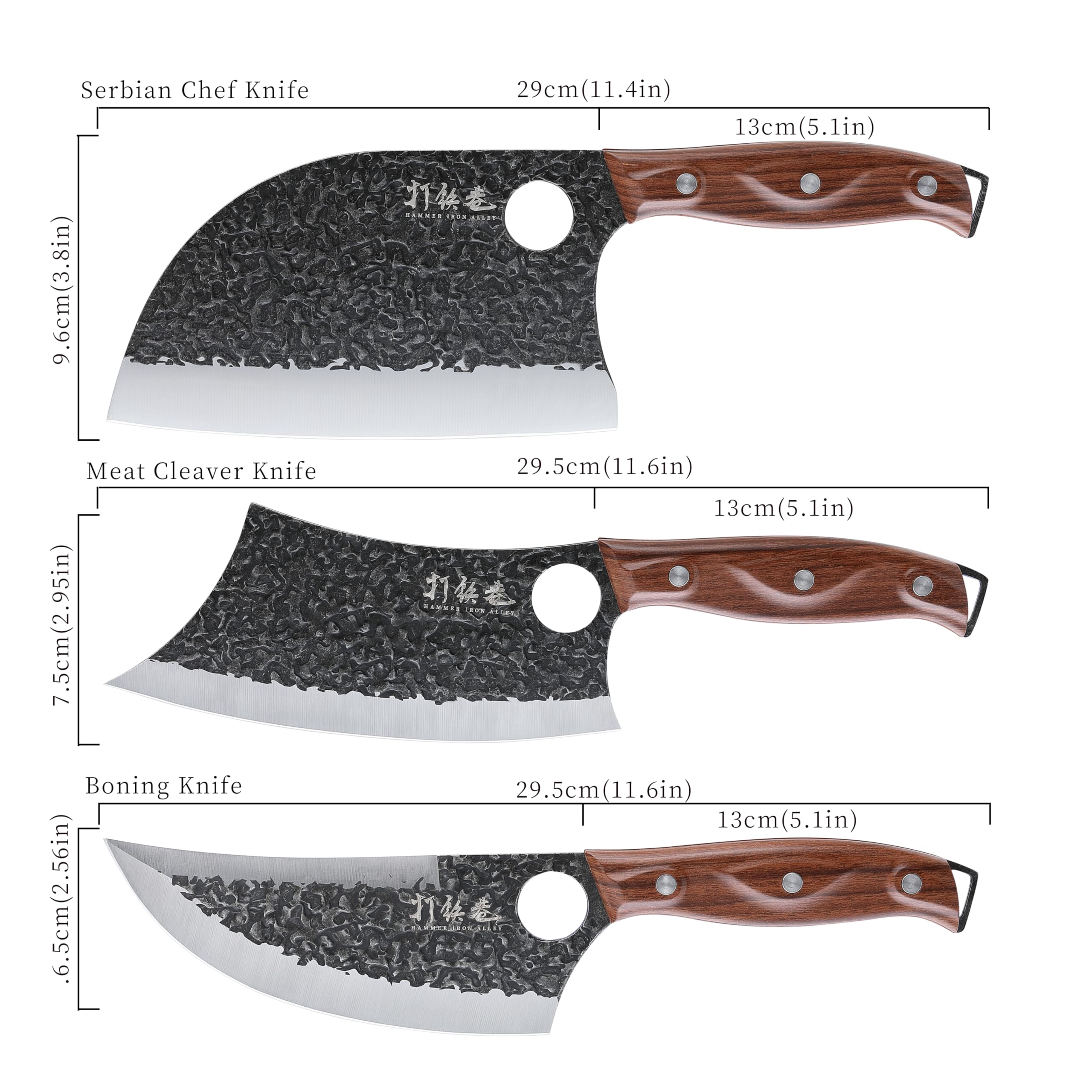Hammer Iron Alley Serbian chef knife blade close-up highlighting sharp, precise edge.