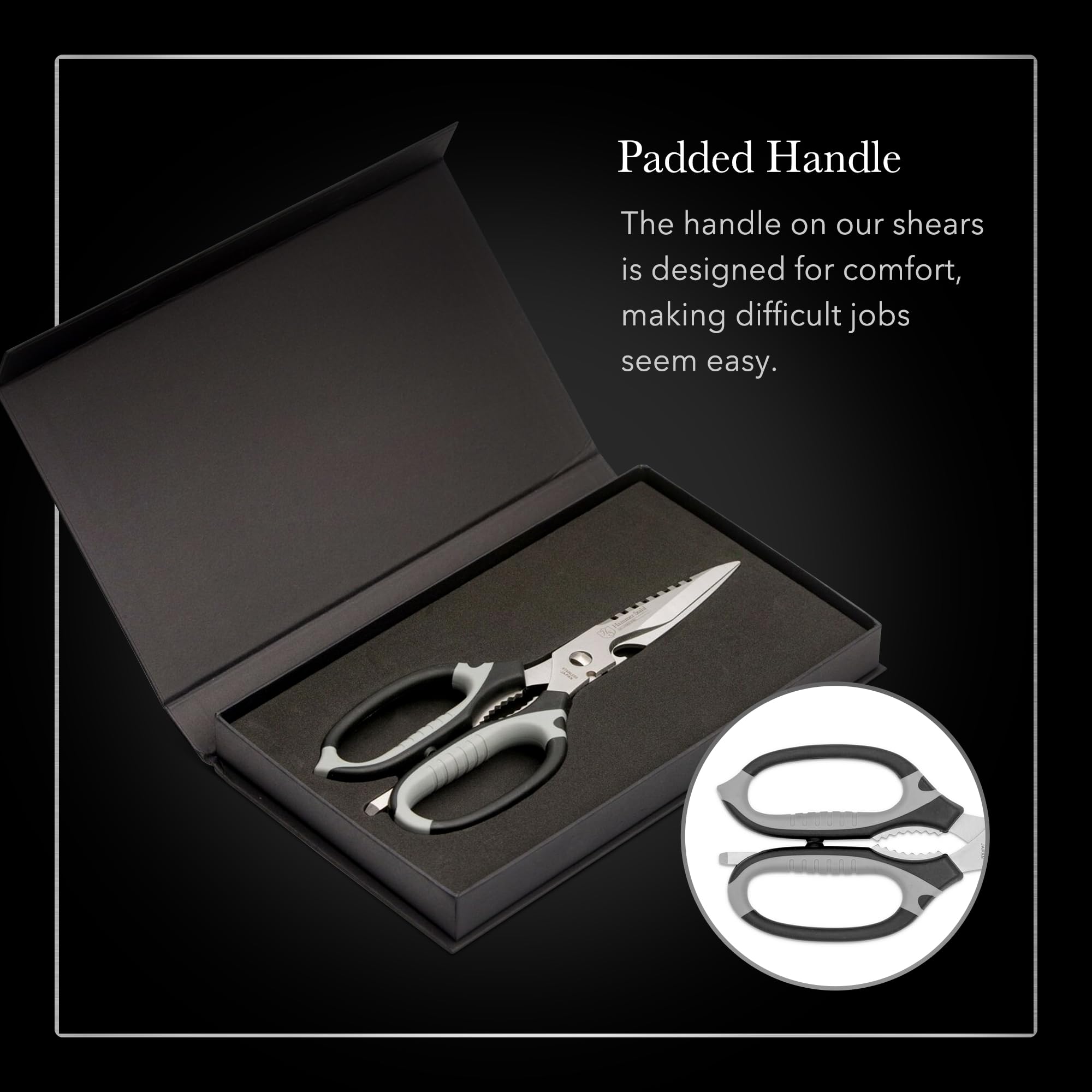 Hammer Stahl kitchen shears include a bottle opener for practical bottle access.