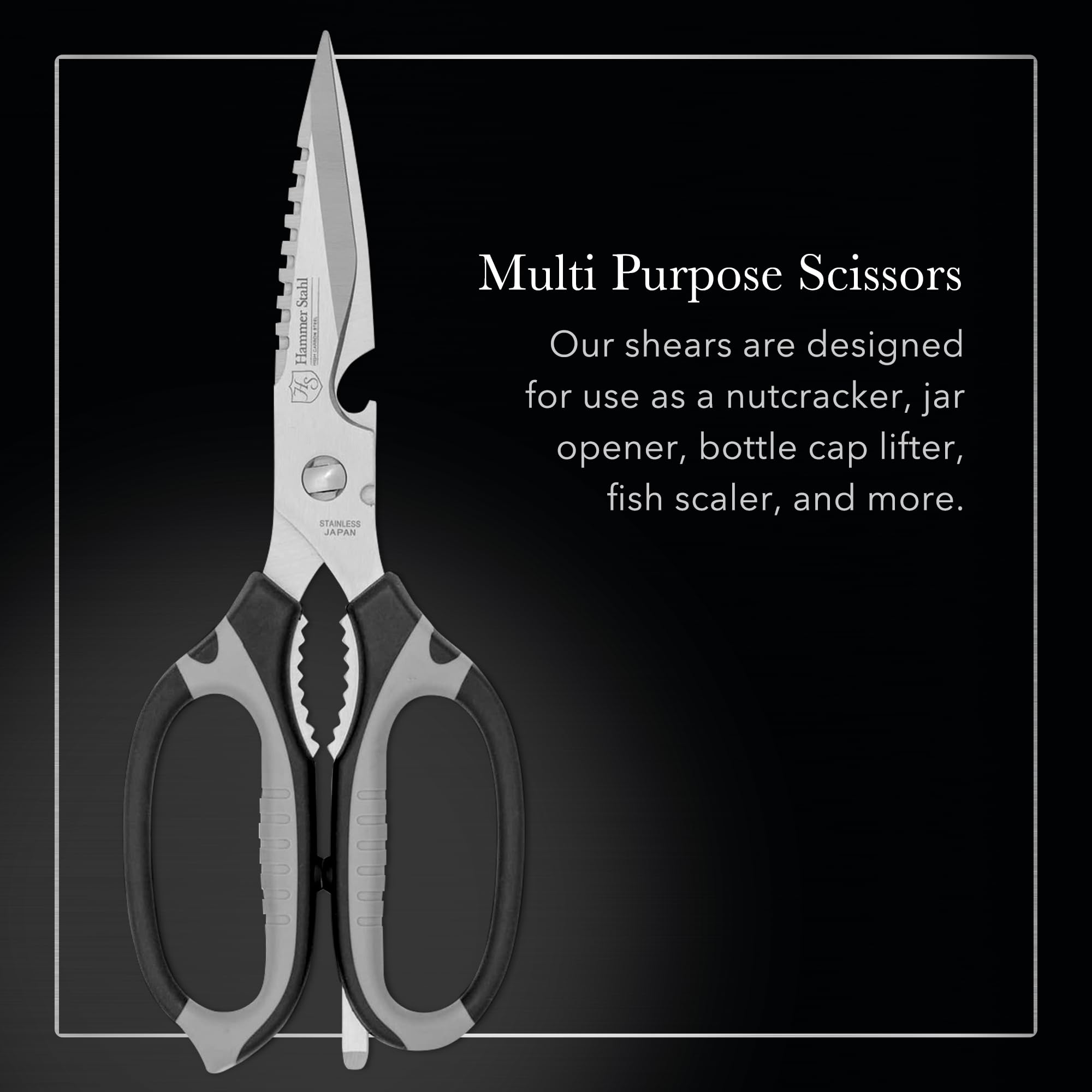 Hammer Stahl kitchen shears featuring fish scaler for mess-free prep.