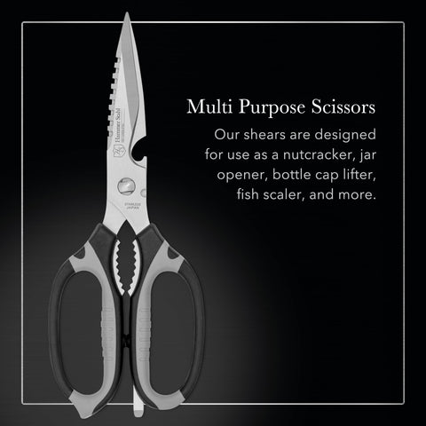 Hammer Stahl kitchen shears featuring fish scaler for mess-free prep.