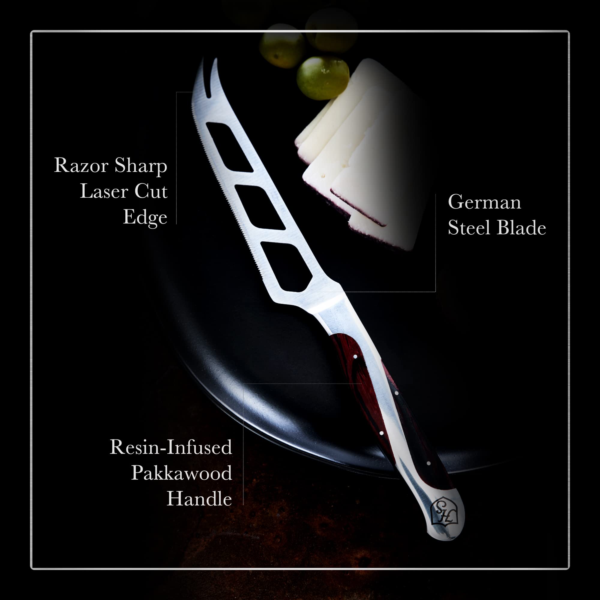 Hammer Stahl cheese knife shows perforated blade to prevent sticking during slicing