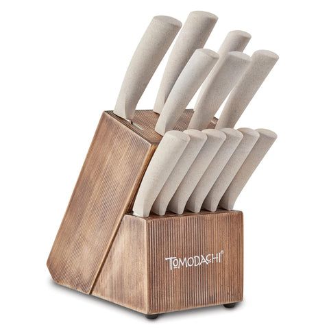 Hampton Forge Harvest 13pc block set on countertop shows warm acacia grain and sturdy storage