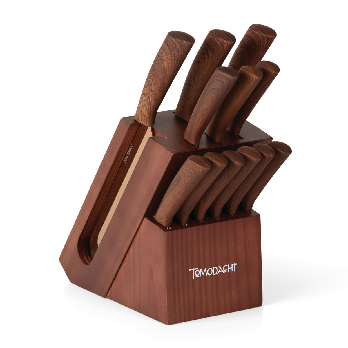 Hampton Forge Raintree Copper 13-piece block set close-up, titanium blades for lasting sharpness.