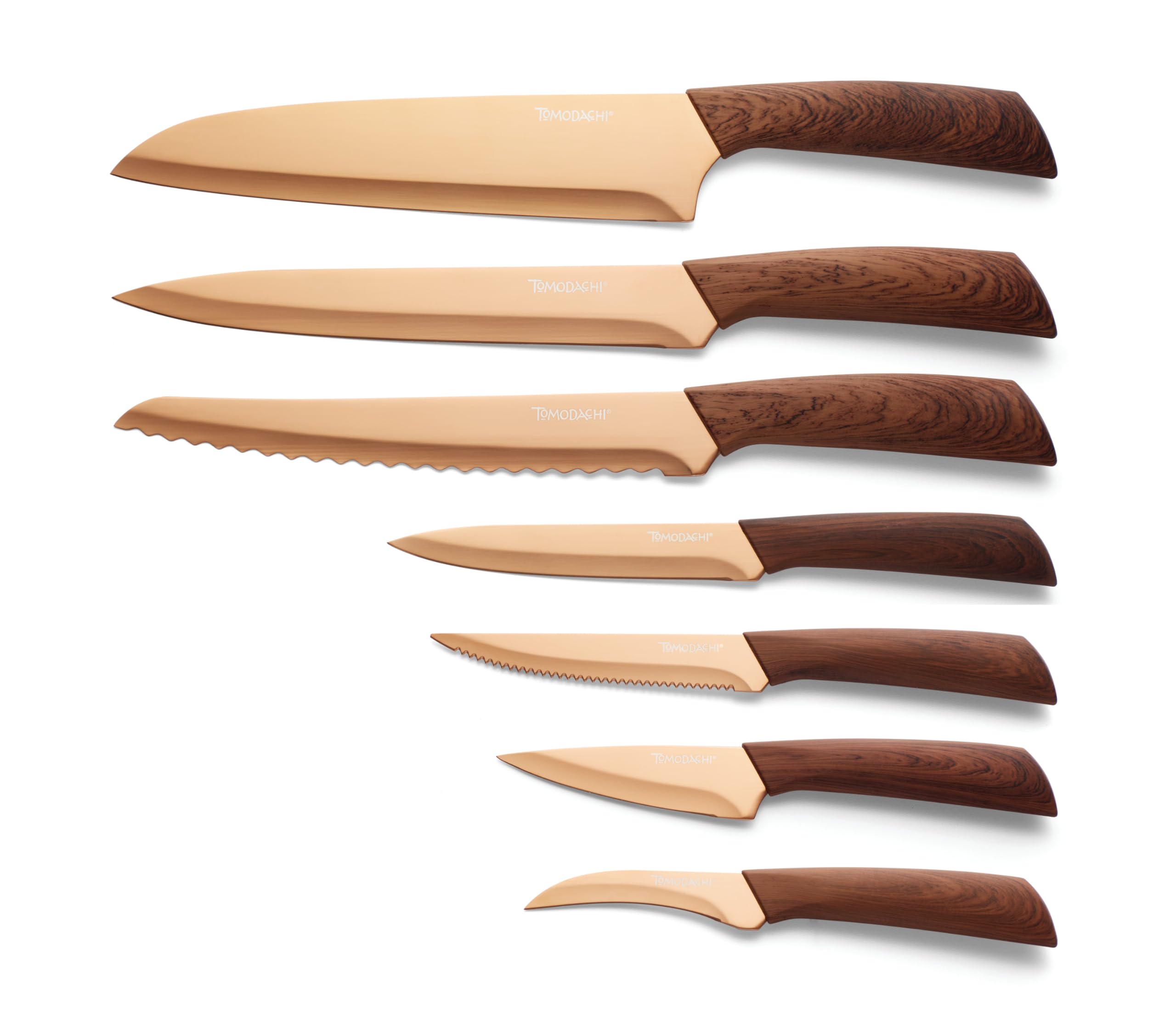 Hampton Forge Raintree Copper block set with titanium edge and close-up focus on sharp blade.